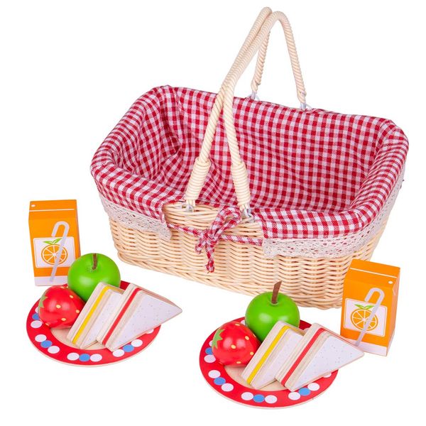 Bigjigs Toys Kids Picnic Basket with Wooden Play Food and Picnic Blanket - Wicker Picnic Basket Toy with 10 Toy Food Pieces, Ideal for Pretend Play