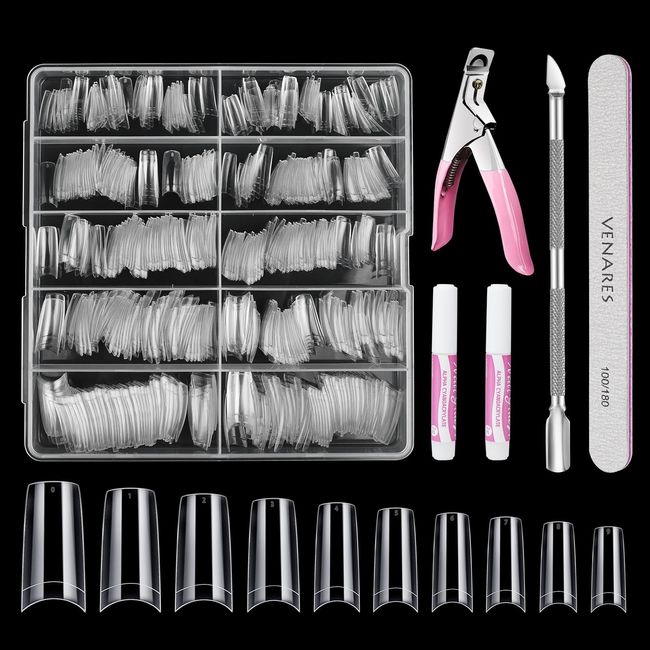 Square Nail Tips for Gel Nails,Venares 500 Piece Acrylic Fake Nail Set, 10 Sizes of Nail Tips with Glue Nail File Nail Clippers Cuticle Pusher,French Acrylic Clear Fake Nails with Glue