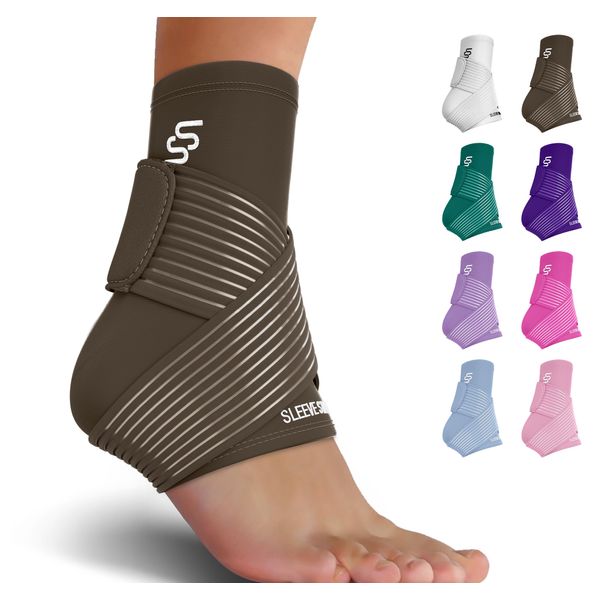 Sleeve Stars Ankle Brace for Sprained Ankle, Plantar Fasciitis Relief Ankle Support for Women, Ankle Compression Sleeve w/ Strap (Single/Dark Brown)