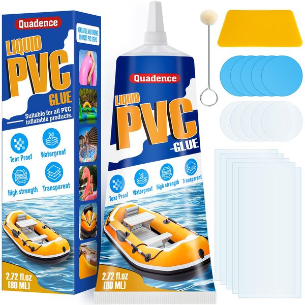 AIR Mattress Patch Kit, Quadence Waterproof Pool Liner Patch Kit, Inflatable Vinyl Repair Kit for Hot Tub, Air Bed, Swimming Pool, Splash Pad, Bouncy Castle, Inflatables, Tent, kayak, Vinyl Glue 80m