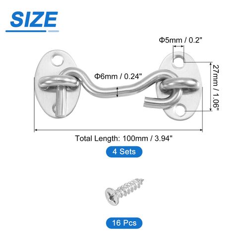 uxcell 4Pcs 3" Hook and Eye Latch, Barn Door Lock Stainless Steel Cabin Hook Privacy Door Gate Hooks for Window Sliding Door Fence Shed, Silver