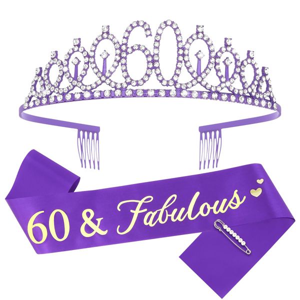 YARIEW 60th Birthday Decorations Purple Crown + 60 & Fabulous Birthday Sash + Pearl Pin Set, 60th Birthday Sash and Tiara for Women, Happy 60th Birthday Gifts for Women, 60th Birthday Party Favor