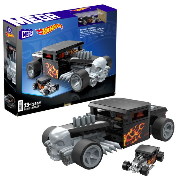 MEGA Hot Wheels Collectible Car Building Toy, Bone Shaker with 334 Pieces and Die-Cast Model, Build & Display Set for Collectors, Black and Chrome, HRY17