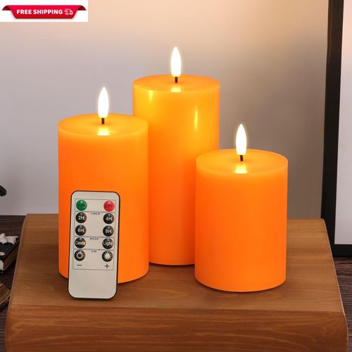 Orange Halloween Flameless Pillar Candles with Remote, Fall Thanksgiving LED Can