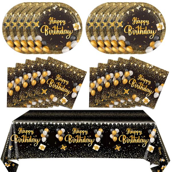 Black and Gold Birthday Decorations Black and Gold Birthday Tableware Set Party Supplies Includes Black Gold Table Cloth Cover Paper Plates Napkins for Birthday Party Decoration Supplies