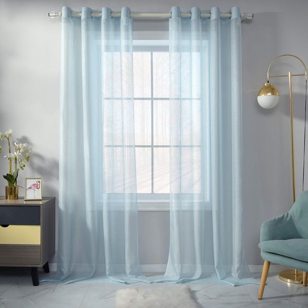 Baby Blue Sheer Curtains 108 Inch Length Set 2 Panels For Living Room Semi Voile Sheer Drapes Luxury Grommet Light Blue Textured Sheer Curtains For Patio Outdoor Decor 52 X 108 Inches 9 FT Long