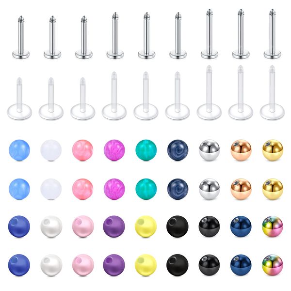 Longita 16G 6-10MM Bar Lip Piercing Stainless Steel & Acrylic Replacement Balls for Helix Tragus Stud Earrings Labret Lip Piercing Helix Piercing Set Tragus Earrings for Women