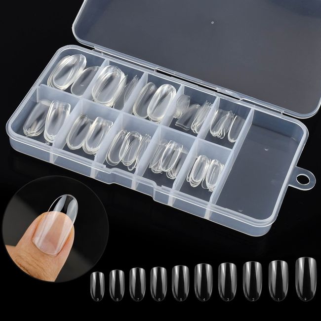 100 Pcs Clear False Nail Tips with Storage Case-Full Cover Coffin Nails in 10 Sizes for Nail Salons and DIY Nail Art-Long Lasting and Durable Artificial Fingernails for Glamorous Looks (Oval, Clear)