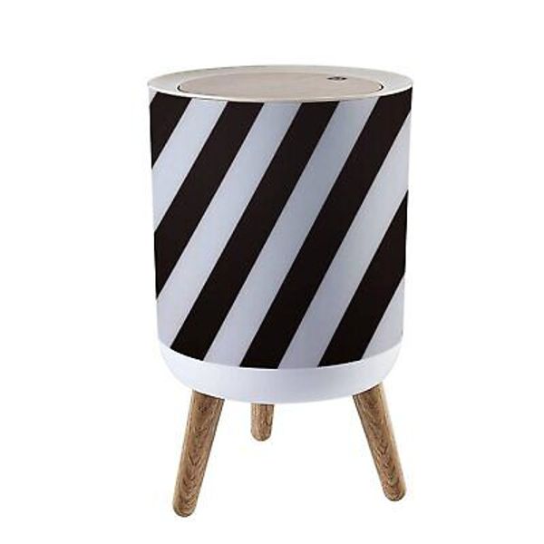 Small Trash Can with Lid Black and White Diagonal Stripes Garbage Bin Wood Wa...