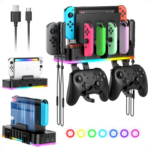 RGB Switch Wall Mount with Controller Charger,Switch Holder for Nintendo Switch/OLED with Switch Organizer, Switch Accessories with 15 Light Mode,4 Charger for Joy-con,2 USB Port,10 Card Slot