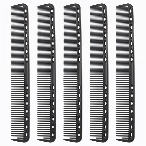 5PCS Black Styling Comb Premium Carbon Fiber Hair Combs, Medium & Fine Teeth Barber Comb, Heat Resistant Hair Cutting Comb Clipper Combs for Hairdressing Grooming Detangling Sectioning Teasing, 7 In