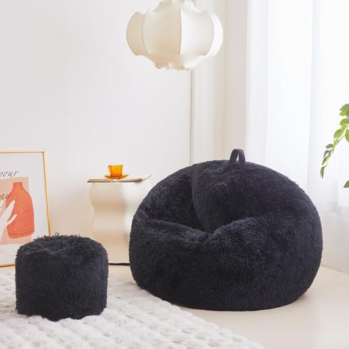 Fuzzy soft Black bean bag chair cover, for Living Room (No Filler)，Fluffy shaggy Stuffed Animal Storage Big Gaming Bean Bag Chair Cover ，Furry plush Decor Home for girls, kids, teens, and adults