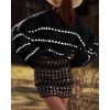 Saodimallsu Damen Pullover Oversize Herbst Strickpullover Elegant Winter Gestreifte Pulli Puffärmel Rundhal Jumper, Schwarz, L