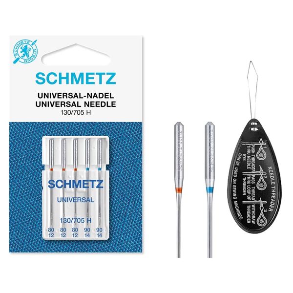 Universal (Regular/Standard) Sewing Machine Needles, Various Assorted Mixed Sizes 80/12 (3) & 90/14 (2), Includes Large Needle Threader