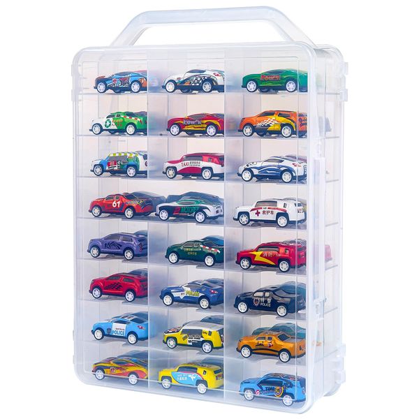 Chfeirno Carrying Cases Compatible with 48 Hot Wheels,Double Sided Storage Box for Matchbox Cars,Portable Transparent Toy Car Storage Case with 46 Slot,Case Only (Transparent)