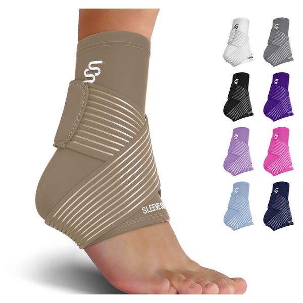 Sleeve Stars Ankle Brace for Sprained Ankle, Plantar Fasciitis Relief Ankle Support for Women, Ankle Compression Sleeve w/ Strap (Pair/Beige)