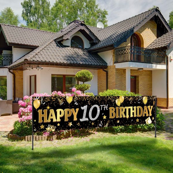 Happy 10th Birthday Banner Horizontal Fabric Black Gold Happy Birthday Sign Banner Backdrop Background Happy Birthday Yard Sign for Kids 10th Birthday Party Decorations Supplies, 71 x 15.7 Inches