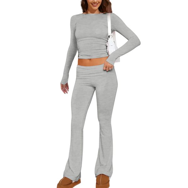 MISSACTIVER Women's Two Piece Outfit Basic Long Sleeve Crop Top and Low Rise Flare Pants Set Lounge 2 Piece Yoga Tracksuit