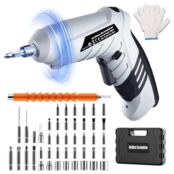 NigerNile Electric Screwdriver, Small Electric Drill, Screwdriver, Forward and Reverse Switch, 2 Different Variations, 4.2 V, 1,500 mAh, 48 Parts + Work Gloves, Electric 2.5-3N.m, Extension Rod, Drill