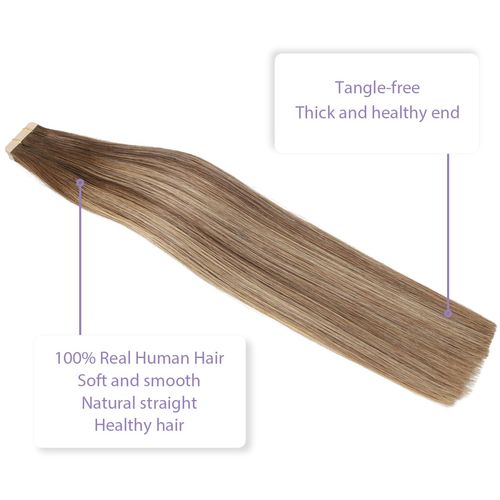 Sindra Tape-In Real Hair Extensions, Balayage, Chocolate Brown to Caramel Brown, 20 Pieces, 50 g, 40 cm, Remy Real Hair Extensions, Tape Extensions, Silky Straight, Invisible Tape Ins, #4/27/4, 16