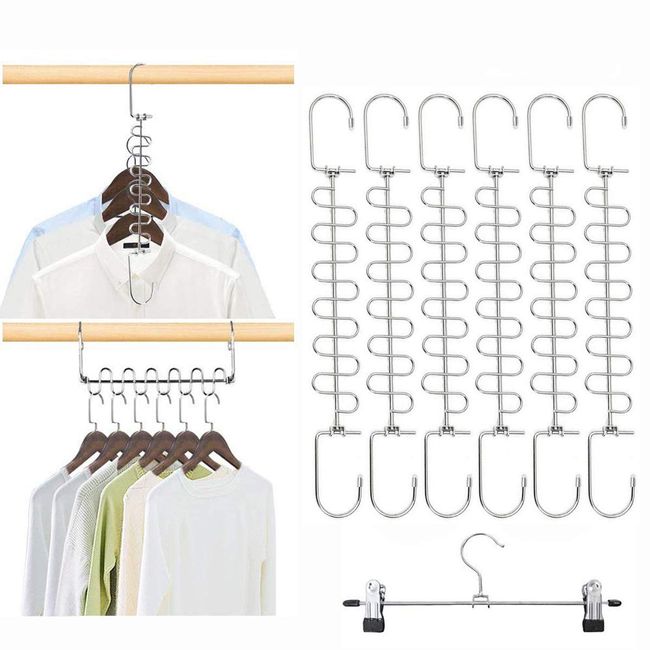 DUOFIRE Space Saver Hangers, Horizontal and Vertical Hangers, 12 Layers, Stainless Steel, Durable, Hanger Hooks, Closet Storage, Magic Hangers (Set of 6)