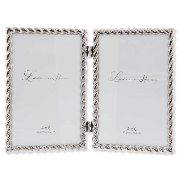4x6 Hinged Double Cast Metal Picture Frames, Silver Rope Design