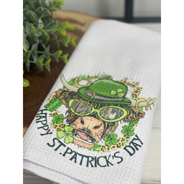 St. Patricks Day Highland Cow Waffle Weave Tea Towel