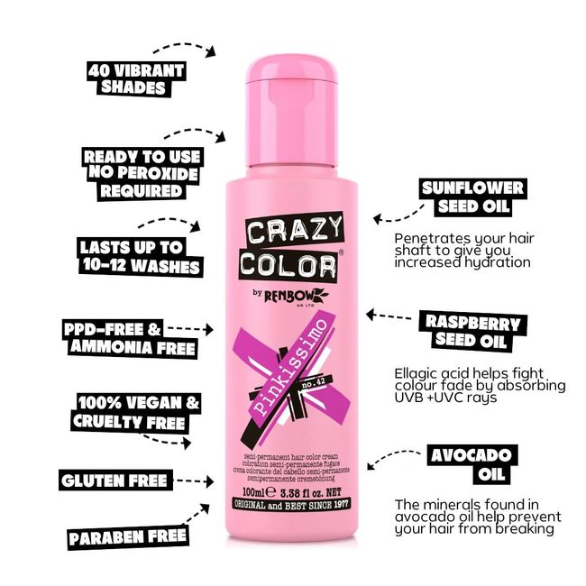 Crazy Color Vibrant Pinkissimo Semi-Permanent Hair Dye Duo. Highly Pigmented Magenta Conditioning & Oil Nourishing Vegan Formula | No Bleach or Ammonia | 200ml