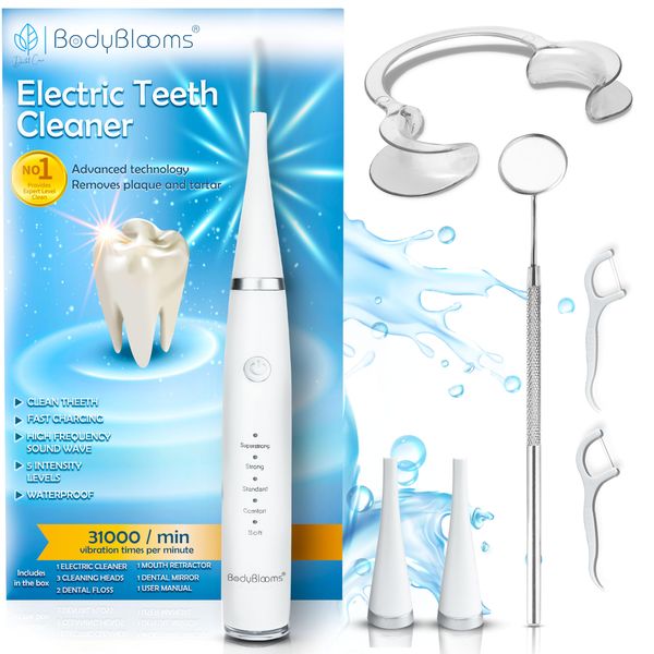 BODYBLOOMS® Teeth cleaning kit 5 speeds. Set for plaque remover for teeth,dirty and tartar remover for teeth.Ideal for teeth cleaning plaque removal to do at home.Electric teeth cleaner rechargeable