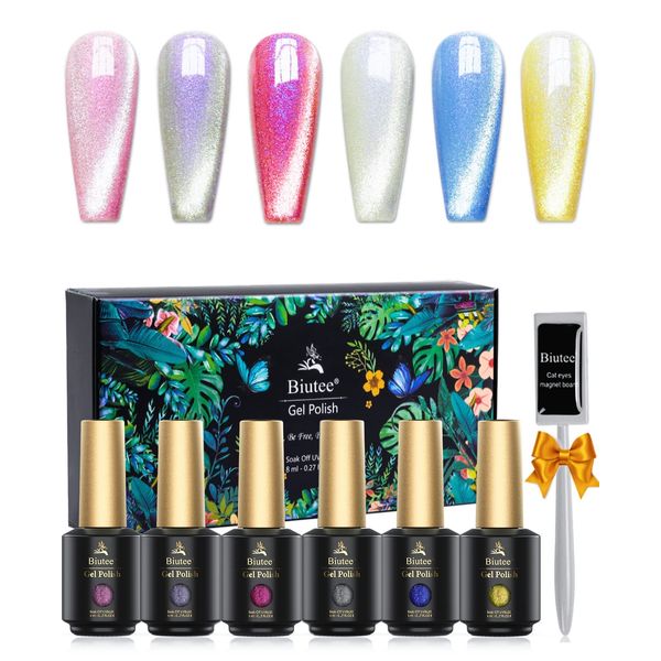 Biutee Magnetic Gel, Cat Eye Gel, 6 Colors, 0.3 fl oz (8 ml), With Magnets, Aurora Nail Color, Gel Nail