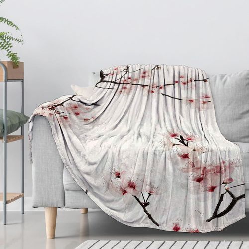 CUEBOS Cherry Blossom Flannel Throw Blanket 50x60 Inch, Elegant Branch with Soft Pink Flower Blankets Soft Cozy Fleece Throws for Floral Lover Bed Sofa Dorm Living Room Minimalist Decor Gifts