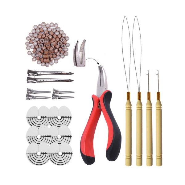 Micro Ring Extensions Set: Micro Ring Pliers, Micro Ring Needle and Nano Rings with Silicone (Light Brown)