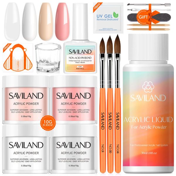 Saviland Acrylic Nail Kit - 4PCS Acrylic Powder and Liquid Set Acrylic Nail Brush Dappen Dish for Acrylic Application Nail Extension Nail Acrylic Kit for Beginners DIY Acrylic Nails Home Salon