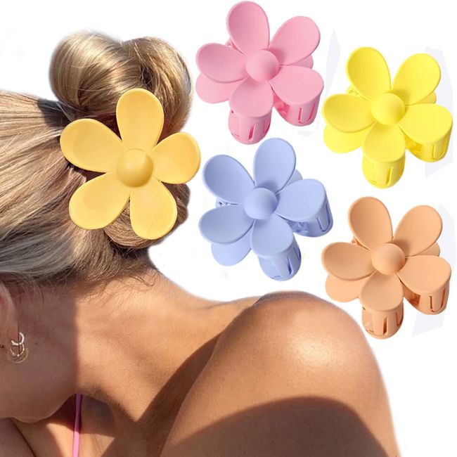 Flower Cute Hair Claw Clips, 4Pcs Large Hair Jaw Clips Nonslip Strong Hold Hair 3 Inch Matte Big Flowers Claw Clips Barrettes Jaw Clamps for Women and Girls Thick Hair and Thin Hair (Style B)