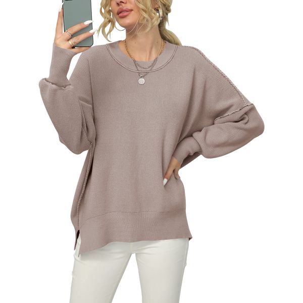 ANRABESS Oversized Sweaters for Women Long Sleeve Casual Loose Crewneck Solid Color Side Slit Knit 2023 Fall Pullover Sweater A305hongxing-XS