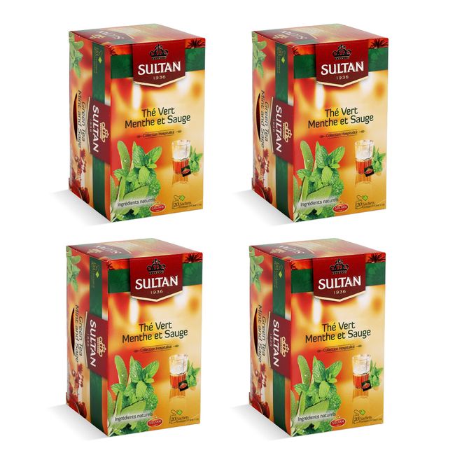 Sultan Tea Herbal Moroccan Green Tea with Mint And Sage 80 Tea Bags Easy to Make Herbal Tea Caffeine Free Reduces Stress Antioxidant Properties Promotes Health Relaxation (Pack of 4)