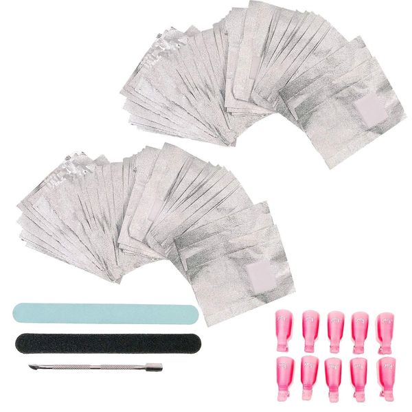 JZK 200 x Gel nail wraps foils with cotton pads for removing normal/gel nail polish, nail clips, nail file and buffer, cuticle pusher, set gel nail polish remover tool