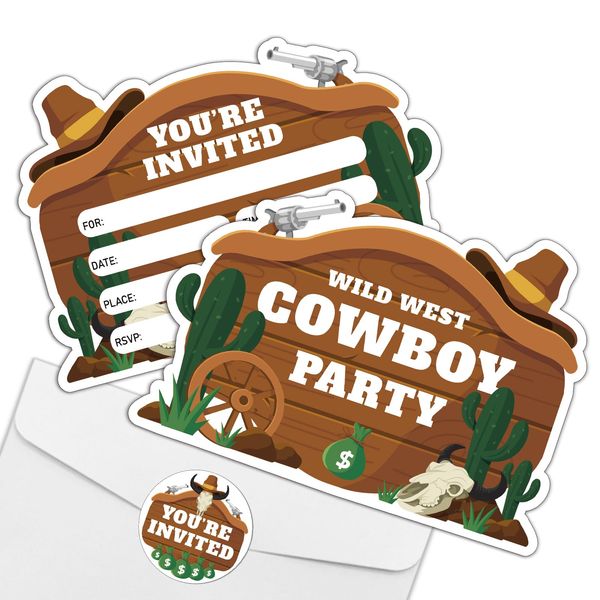 REWIDPARTY Cowboy Birthday Party Invitations with Envelopes & Stickers（Set of 15） Western Cowboy Shaped Fill-in Invitations Wild West Party Invite Cards Birthday Baby Shower Party Supplies for Kids