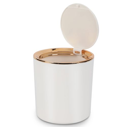 Desk Bin with Lid, Mini Table Trash Can,15 * 14.5cm Portable Small Dustbin for Bathroom Living Room Kitchen Car Dressing Table (White)