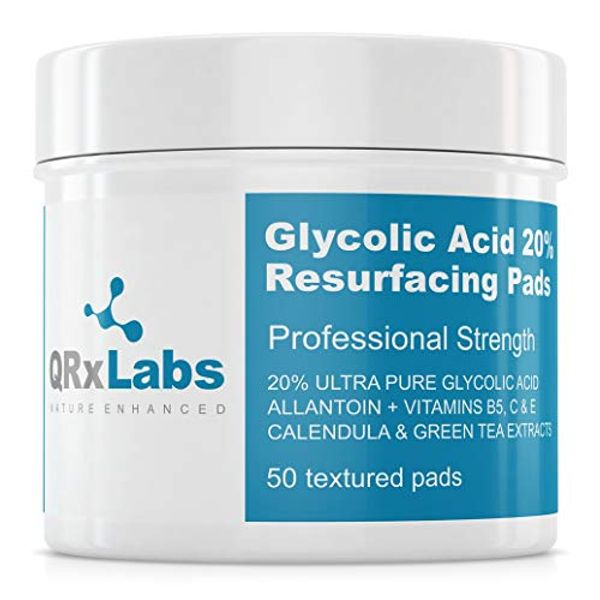 QRxLabs Glycolic Acid 20% Resurfacing Pads for Face & Body with Vitamins B5, C & E, Green Tea, Calendula, Allantoin - Exfoliates Surface Skin and Reduces Fine Lines and Wrinkles - Peel Pads