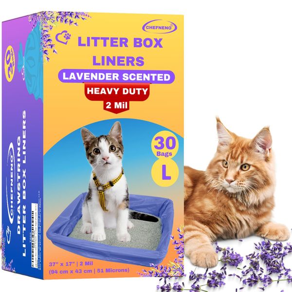 Cat Litter Box Liners Drawstring (30 Bags) Lavender Scented 37" x 17" Large Scratch Resistant Extra Heavy 2 Mil Litter Tray Cat Box Liner Bags (Purple, 30 ct.)