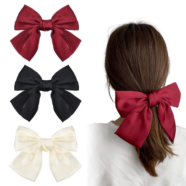 Bow Hair Clip,3PCS Hair Bows Barrettes Solid Color,Soft Satin Silk Hair Clip,Big Bow Hair Clips,Bowknot Barrettes,French Hair Clips with Ribbon for Women Girls Accessories(Black, White, and Red)