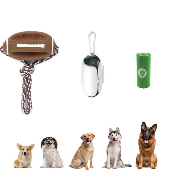 ANIFM 3 Pack Dog Chew Toys with Dog Poop Bag Holder Set,Rubber with Pet Cotton Knot Rope Dog Toy,Non-Toxic Natural Rubber Indestructible Dog Toys,Dogs Gift (Football Toy*1+Dispenser*1+Bags*1)