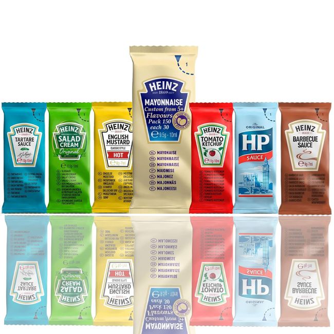 Heinz HP Sauce Sachets Pick N Mix - Create Custom Combo from 5+ Flavours and Choose 5 | Tomato Ketchup, Mayonnaise, Salad Cream, Tartare, Mustard | 50 Pack (10 of Each)