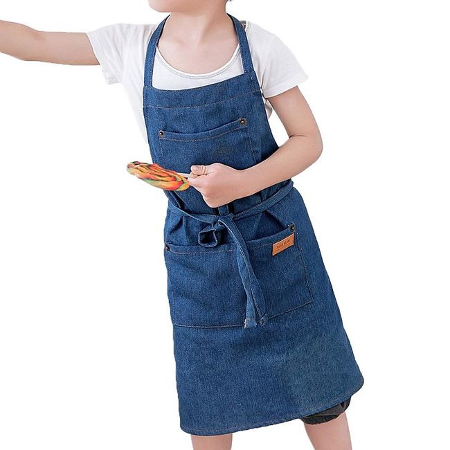 Mariido Children's School Apron [Denim] (Blue, Navy, Child M) (Choose Color and Size)