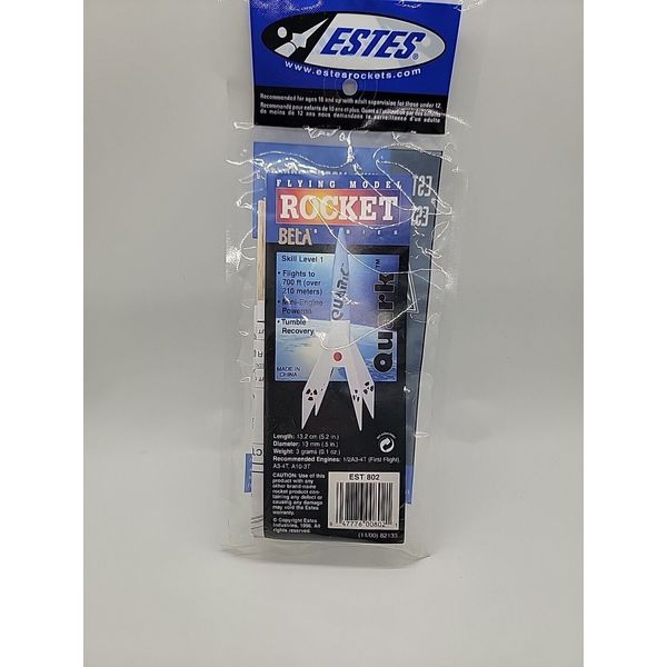 Estes Beta Flying Model Rocket Kit, #802 Quark. NEW