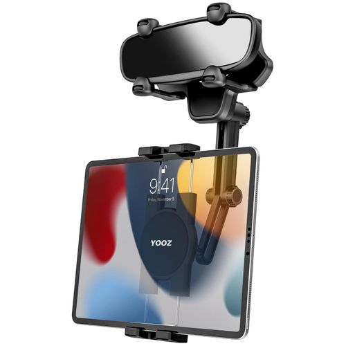 YOOZ Rearview Mirror Tablet Mount for Car Truck [Rotatable & Retractable] Rear View Mirror Clip Phone Tablet Holder Upgraded 4 Corners for Pro Air Mini, Galaxy Tab, iPhone, 4-11" Devices