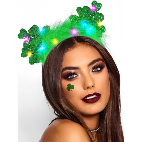 GORTIN Light up St Patrick's Day Headband LED Shamrock Headband Green Feather Cat Ears Head Band St Patrick's Day Costume Headwear Hair Accessories for Women