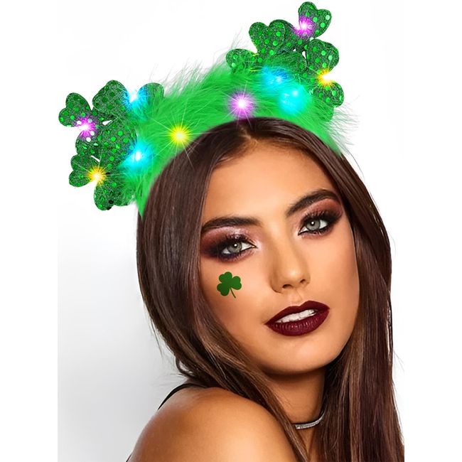 GORTIN Light up St Patrick's Day Headband LED Shamrock Headband Green Feather Cat Ears Head Band St Patrick's Day Costume Headwear Hair Accessories for Women