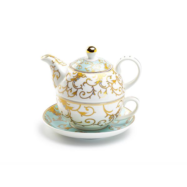 Grace Teaware Gold Scroll Fine Porcelain Tea For One Set (Mint)